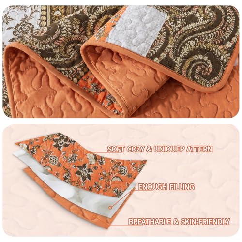 BEDIFANY Farmhouse Cotton Quilts Queen Size for Fall - Lightweight Patchwork Autumn Bedspread Set for Bed Coverlet - Highly-Woven Soft Reversible Bed Spread for All Seasons (Floral Orange) 3 Pieces - Image 4