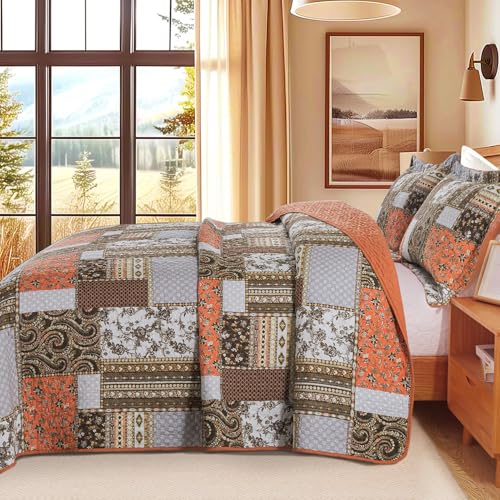 BEDIFANY Farmhouse Cotton Quilts Queen Size for Fall - Lightweight Patchwork Autumn Bedspread Set for Bed Coverlet - Highly-Woven Soft Reversible Bed Spread for All Seasons (Floral Orange) 3 Pieces - Image 3