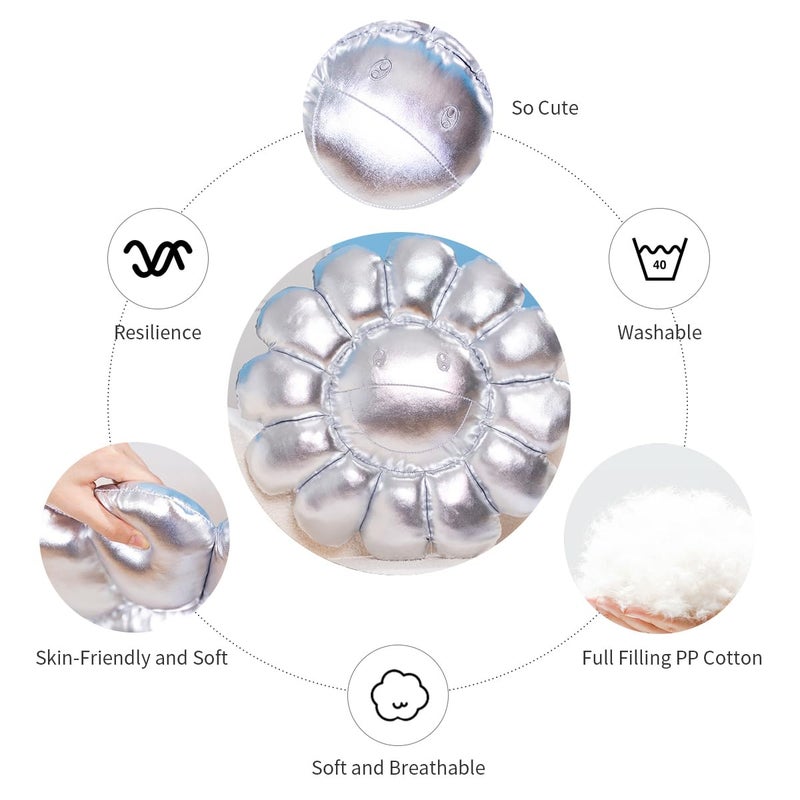 FIONOUT Silver Flower Pillow,16.53" Sunflower Plush Pillows for Bedroom Aesthetic, Soft Smiley Face Pillow Flower Floor Cushion,Cute Daisy Plush for Room Decor - Image 3
