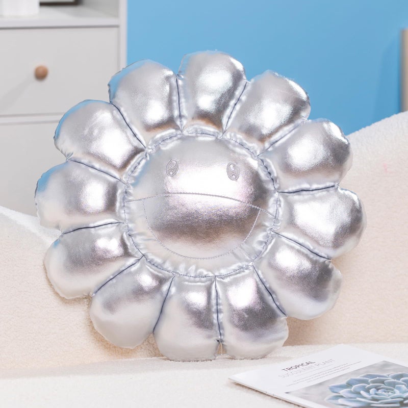 FIONOUT Silver Flower Pillow,16.53" Sunflower Plush Pillows for Bedroom Aesthetic, Soft Smiley Face Pillow Flower Floor Cushion,Cute Daisy Plush for Room Decor - Image 1