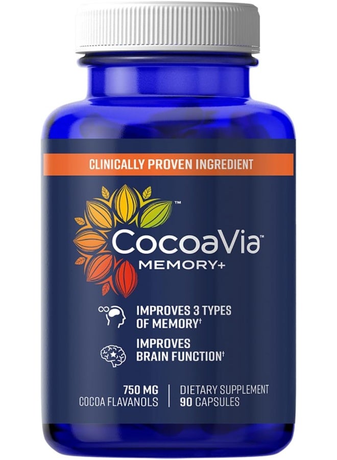 CocoaVia مكمل كوكوفيا ميموري+ للذاكرة، معزز للذاكرة والدماغ مثبت سريريًا، مكمل نباتي، خالي من السكر، خالي من الجلوتين، نباتي، كبسولات 750 ملغ من فلافانولات الكاكاو، إمداد لمدة 30 يومًا - Image 1