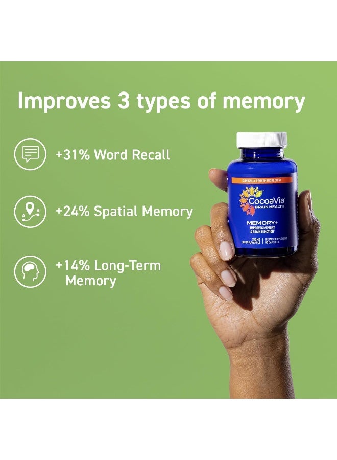 CocoaVia مكمل كوكوفيا ميموري+ للذاكرة، معزز للذاكرة والدماغ مثبت سريريًا، مكمل نباتي، خالي من السكر، خالي من الجلوتين، نباتي، كبسولات 750 ملغ من فلافانولات الكاكاو، إمداد لمدة 30 يومًا - Image 3