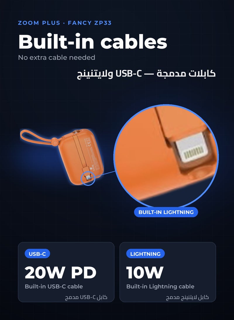Zoom Plus Fancy 10000mAh Power Bank, 22.5W Fast Charging Slim Portable Charger with Built-in USB-C and Lightning Cables, 3 Outputs, Digital Display, Compact Battery Pack for iPhone, Samsung and Android (ZP33, Orange) - Image 3