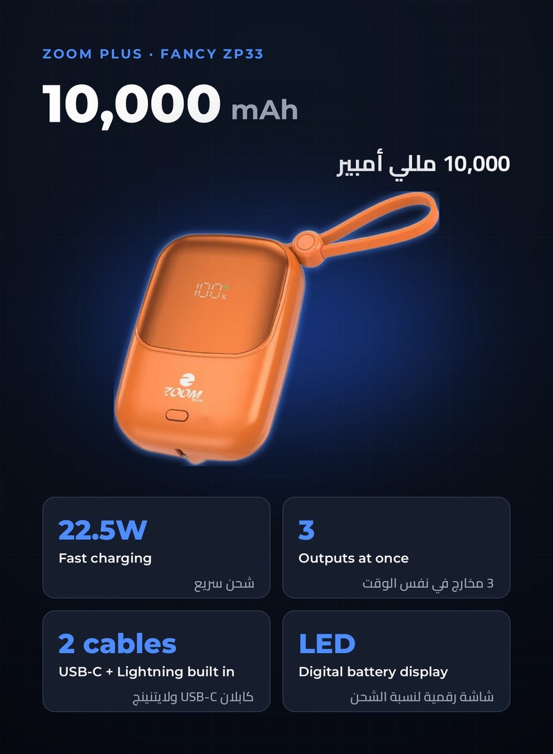 Zoom Plus Fancy 10000mAh Power Bank, 22.5W Fast Charging Slim Portable Charger with Built-in USB-C and Lightning Cables, 3 Outputs, Digital Display, Compact Battery Pack for iPhone, Samsung and Android (ZP33, Orange) - Image 2