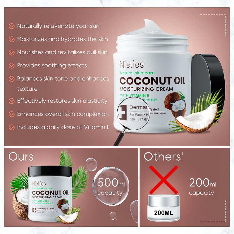 Nielies 500 ML Coconut Oil Moisturizing Cream & Vitamin E., Coconut Oil for Skin, Crema De Coco Para La Piel. Face, Hands, Hair. Intense Hydration For Dry skin - Image 5