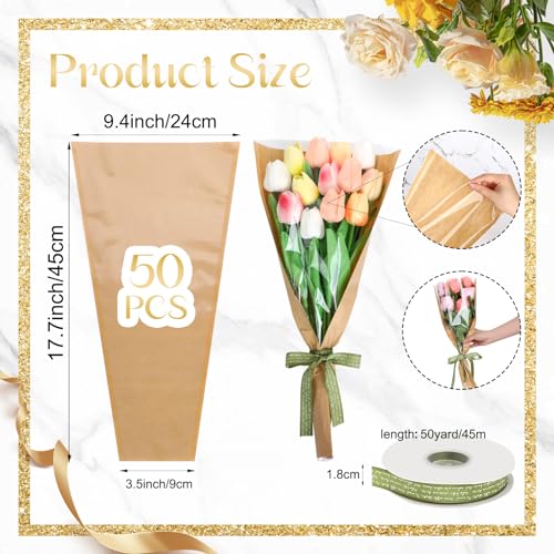 tchrules 50PCS Flower Bouquet Wrapping Paper with Ribbon Kraft Flower Sleeves for Bouquets Brown Floral Packing Bags Bulk for Valentines Day Mothers Day Graduation Wedding 177x94x35 inch - Image 3