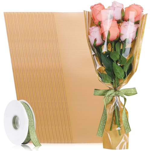 tchrules 50PCS Flower Bouquet Wrapping Paper with Ribbon Kraft Flower Sleeves for Bouquets Brown Floral Packing Bags Bulk for Valentines Day Mothers Day Graduation Wedding 177x94x35 inch - Image 1