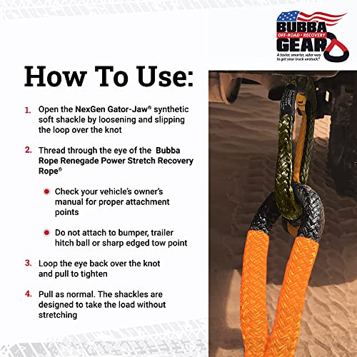 Bubba Rope Heavy-Duty Off-Road Vehicle Tow Recovery Gear Set – Renegade Power Stretch Recovery Rope, 3/4” x 30’ & NexGen PRO Gator-Jaw Synthetic Shackles, 3/8” x 6.5” - Orange Blaze - Image 5