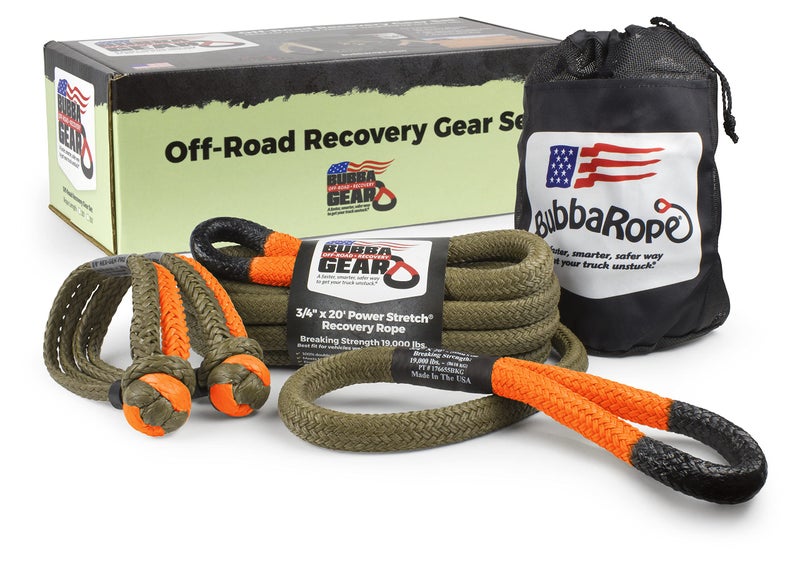 Bubba Rope Heavy-Duty Off-Road Vehicle Tow Recovery Gear Set – Renegade Power Stretch Recovery Rope, 3/4” x 30’ & NexGen PRO Gator-Jaw Synthetic Shackles, 3/8” x 6.5” - Orange Blaze - Image 1