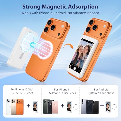 VOGBY Vlog Selfie Monitor Screen for iPhone 17 Series & Android,Built-in Speaker,Wireless & Wired Magnetic 4K/1080P Phone Back Camera Monitor with Remote Control for Live Stream TikTok (White) - Image 3
