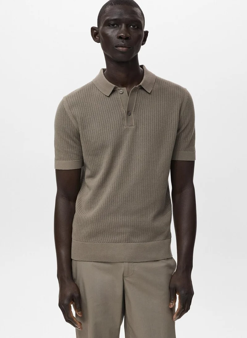 Mango Man Openwork knitted cotton polo shirt