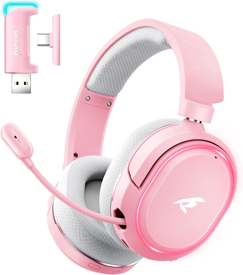 قيم سماعة رأس لاسلكية للألعاب، صوت محيطي 7.1، سماعات ألعاب USB 2.4 جيجاهرتز مع بلوتوث 5.4، بطارية 100 ساعة، ميكروفون إلغاء الضوضاء ENC، إضاءة RGB، سماعة لاسلكية لأجهزة PC PS5 PS4 Mac Switch (رمادي-وردي) - Image 1