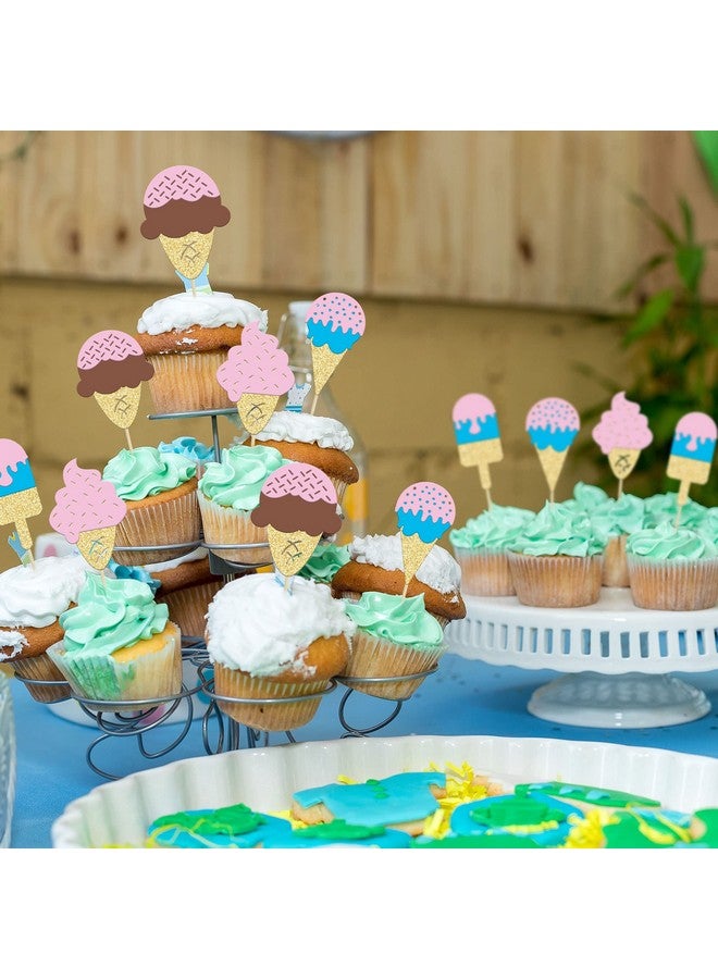 Ephlyn 24Pcs Ice Cream Cupcake Toppers Glitter Summer Cupcake Picks for Hawaii Dessert Summer Ice Cream Themed Birthday Wedding Party Popsicle Baby Shower Decoration Supplies - Image 4