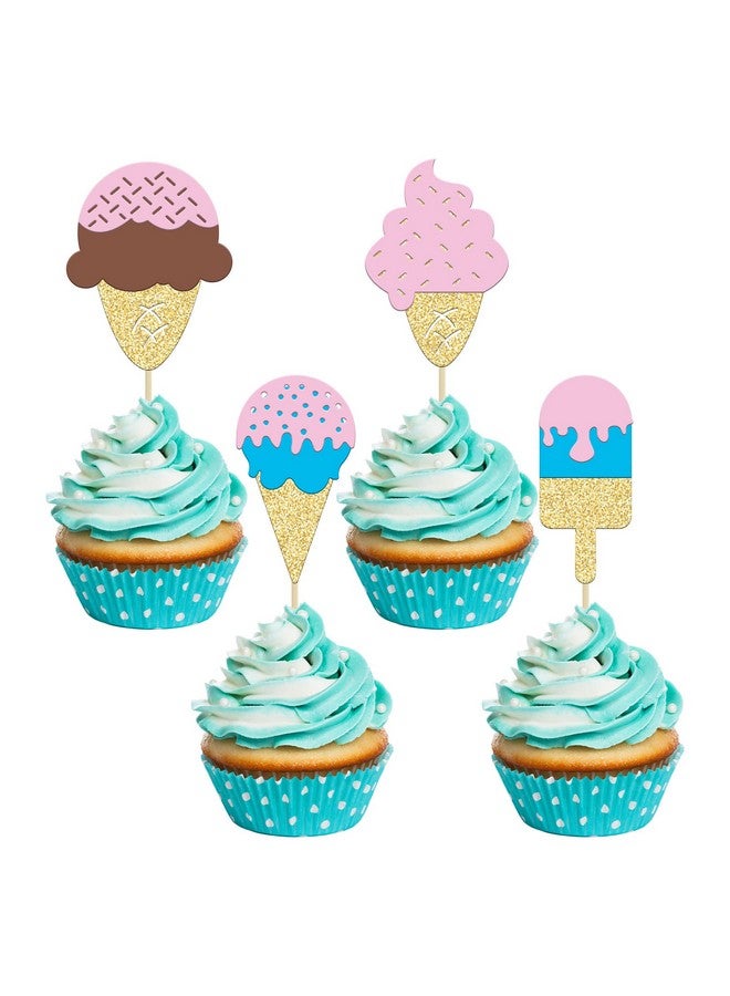 Ephlyn 24Pcs Ice Cream Cupcake Toppers Glitter Summer Cupcake Picks for Hawaii Dessert Summer Ice Cream Themed Birthday Wedding Party Popsicle Baby Shower Decoration Supplies - Image 1
