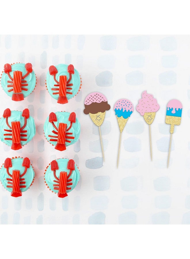 Ephlyn 24Pcs Ice Cream Cupcake Toppers Glitter Summer Cupcake Picks for Hawaii Dessert Summer Ice Cream Themed Birthday Wedding Party Popsicle Baby Shower Decoration Supplies - Image 3