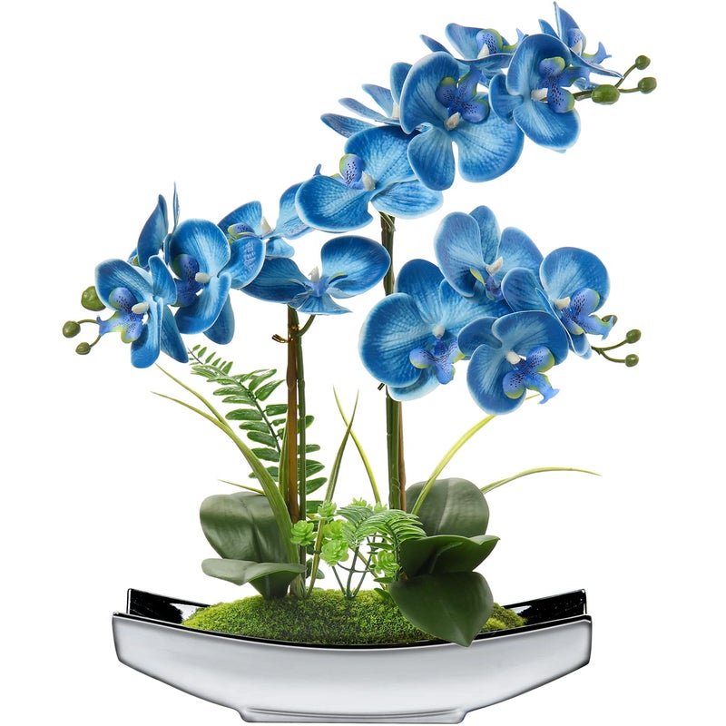 Briful 15 Artificial Phalaenopsis Flowers Arrangement Artificial Orchid Bonsai in Silver Pot Fake Flowers Silk Orchid Flower for Table Centerpieces Living Room Home Dcor