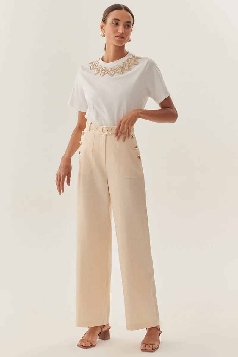 اكسيكيوز بنطال بيج بقصة مستقيمة، مزود بحزام، وخصر عالٍ