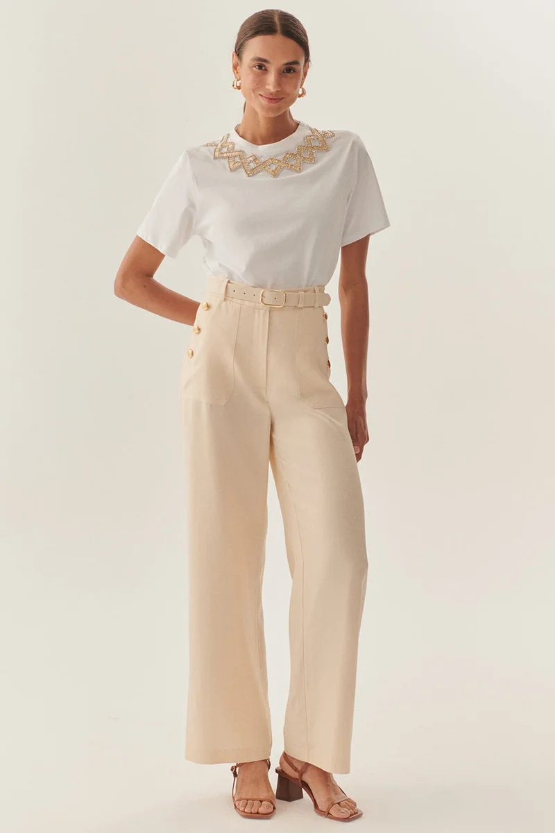 اكسيكيوز بنطال بيج بقصة مستقيمة، مزود بحزام، وخصر عالٍ