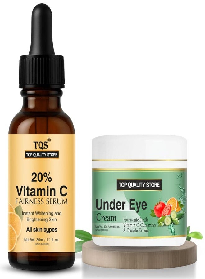 TQS 20% Vitamin C Fairness Serum and Under Eye Cream Set, 30ml Serum with Dropper, 50g Cream with Cucumber & Tomato Extract - Image 1