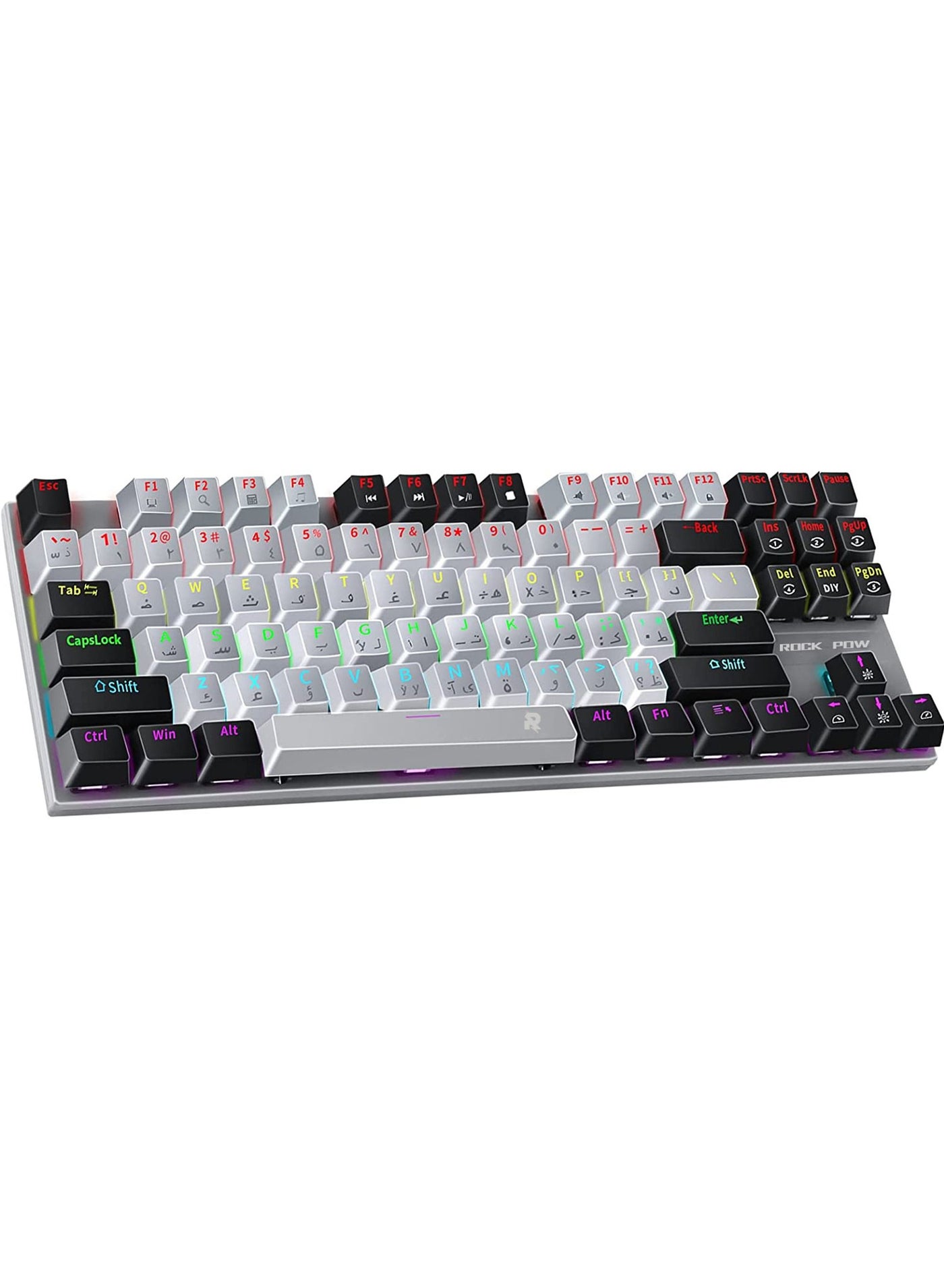 Rock Pow English Arabic Mechanical Gaming Keyboard with RGB LED Rainbow Backlit Quick Response USB Wired E-sport Waterproof 87 Keys Keyboard for Windows/MacOS/Android PC Gamers