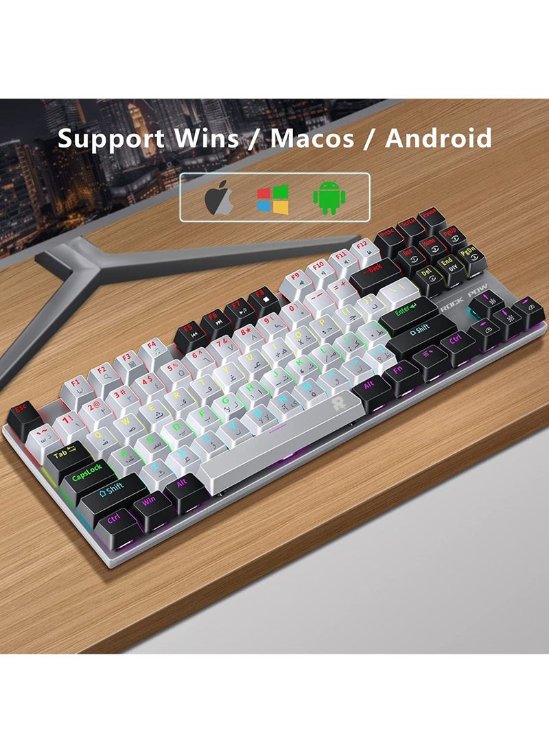 Rock Pow - English Arabic Mechanical Gaming Keyboard with RGB LED Rainbow Backlit Quick Response USB Wired E-sport Waterproof 87 Keys Keyboard for Windows/MacOS/Android PC Gamers - Image 1