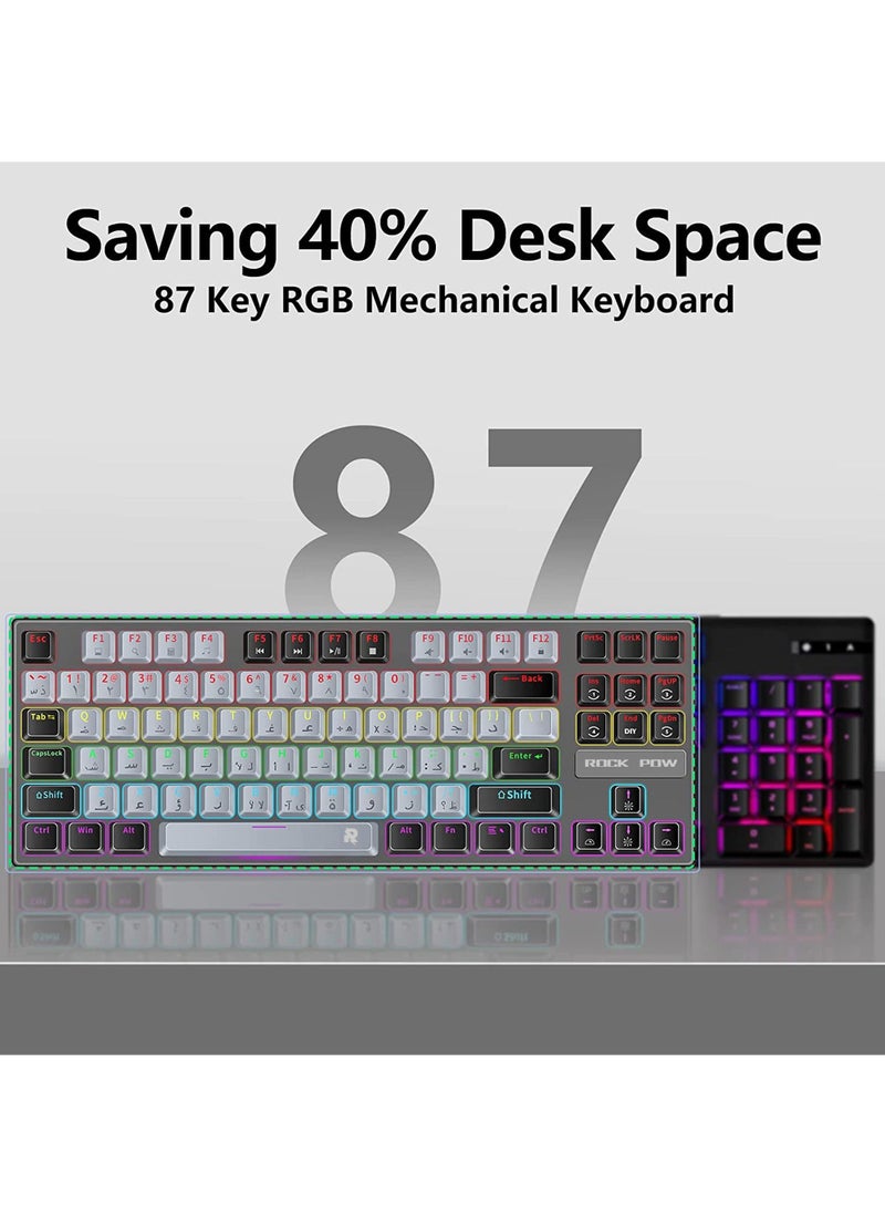 Rock Pow - English Arabic Mechanical Gaming Keyboard with RGB LED Rainbow Backlit Quick Response USB Wired E-sport Waterproof 87 Keys Keyboard for Windows/MacOS/Android PC Gamers - Image 1