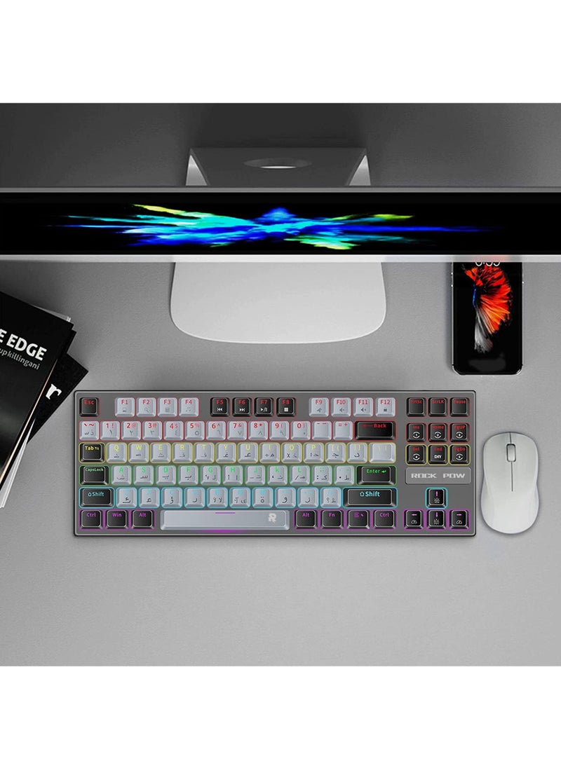 Rock Pow - English Arabic Mechanical Gaming Keyboard with RGB LED Rainbow Backlit Quick Response USB Wired E-sport Waterproof 87 Keys Keyboard for Windows/MacOS/Android PC Gamers - Image 1