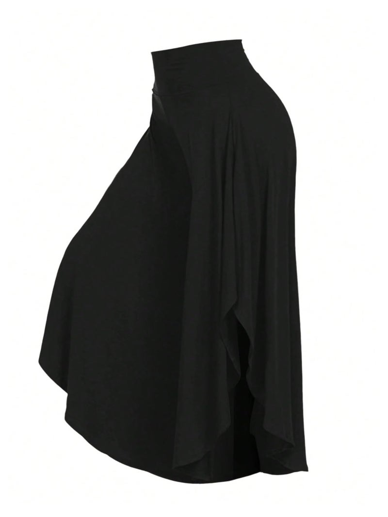 OYOANGLE Women's Plus Size High Waisted Asymmetrical Ruffle Hem Wide Leg Pants Flowy Palazzo Pants Black 1XL - Image 3