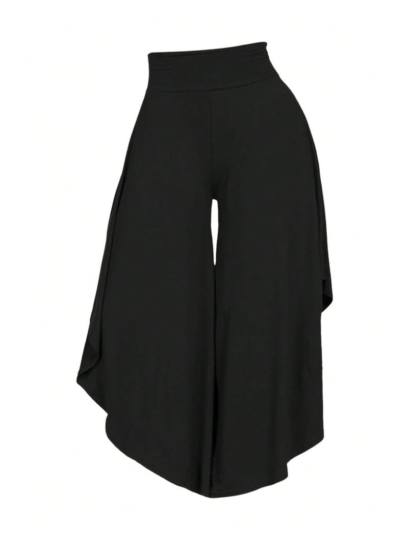OYOANGLE Women's Plus Size High Waisted Asymmetrical Ruffle Hem Wide Leg Pants Flowy Palazzo Pants Black 1XL - Image 4