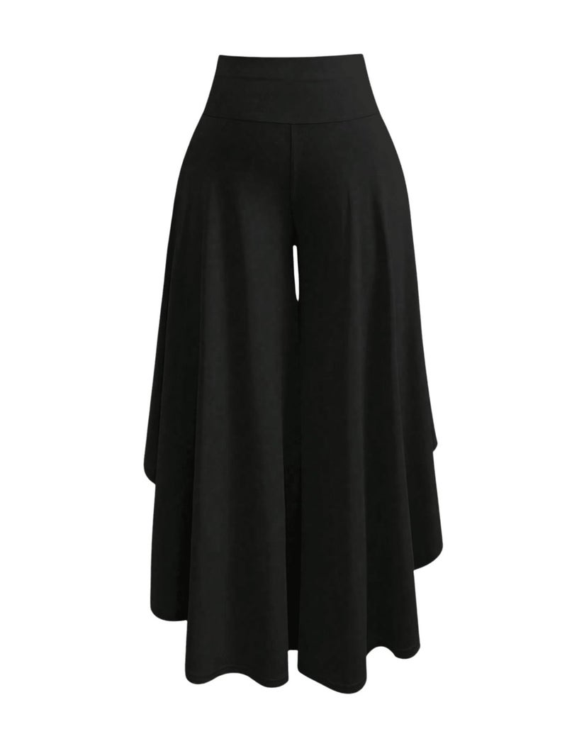 OYOANGLE Women's Plus Size High Waisted Asymmetrical Ruffle Hem Wide Leg Pants Flowy Palazzo Pants Black 1XL - Image 1