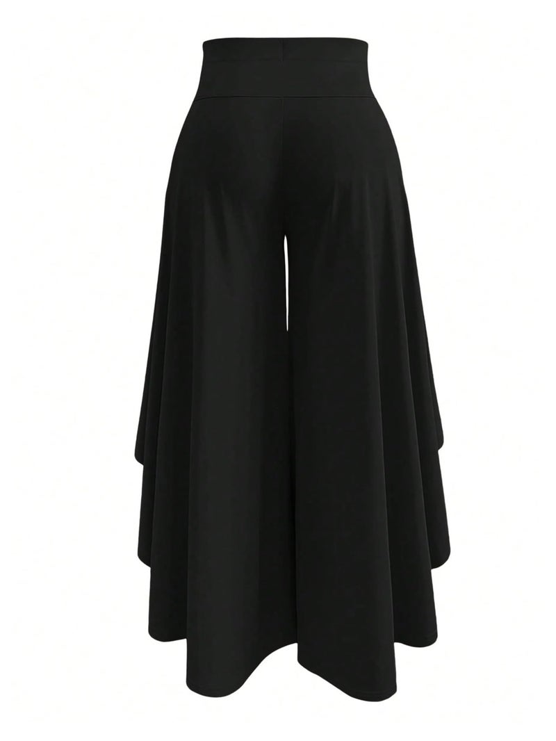 OYOANGLE Women's Plus Size High Waisted Asymmetrical Ruffle Hem Wide Leg Pants Flowy Palazzo Pants Black 1XL - Image 2