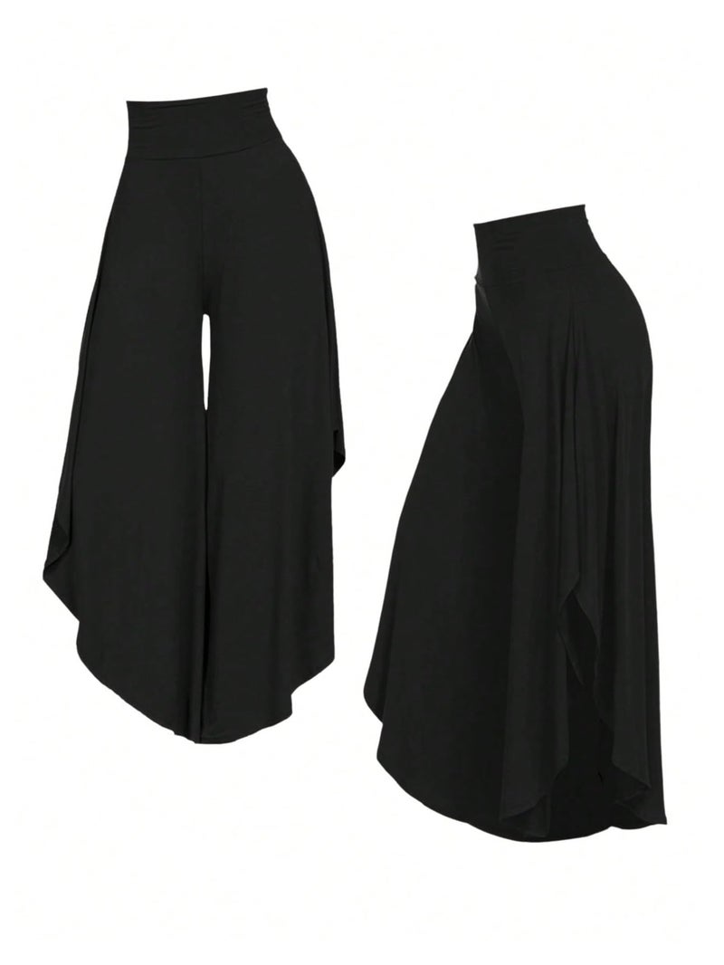 OYOANGLE Women's Plus Size High Waisted Asymmetrical Ruffle Hem Wide Leg Pants Flowy Palazzo Pants Black 1XL - Image 5