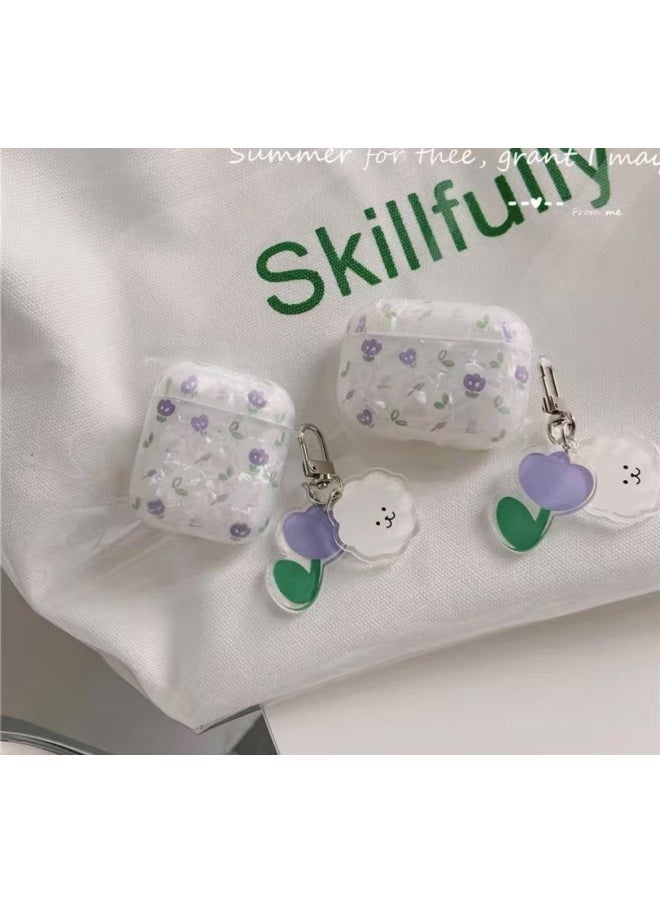 Generic - Suitable For AirPods 4 Headset Protective Cover Cartoon Shell Pattern For Apple1/2/3 Generation Pro2 Bluetooth Pendant Bracelet-Color:Shell Pattern + Flower Pendant-purple Flowers-Model:Airpods Pro2 (protective Case - Image 1