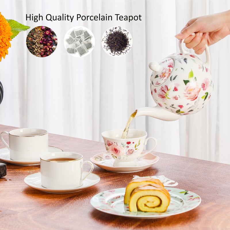 PRECITIME 30oz Porcelain Teapot, Floral Design Ceramic Tea Pot for Loose Leaf & Bagged Tea, Classic 3-4 Cups Teapot for Daily Use & Special Occasions, Dishwasher Safe - Image 3
