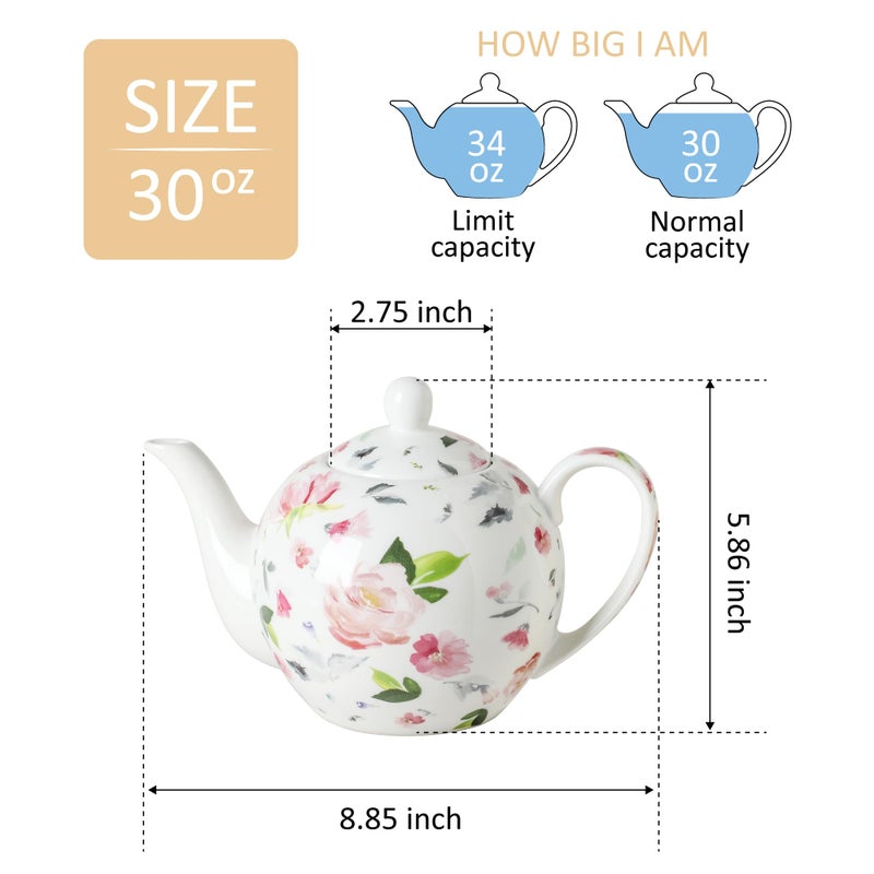 PRECITIME 30oz Porcelain Teapot, Floral Design Ceramic Tea Pot for Loose Leaf & Bagged Tea, Classic 3-4 Cups Teapot for Daily Use & Special Occasions, Dishwasher Safe - Image 2
