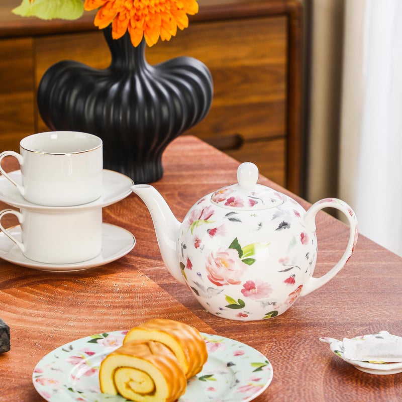 PRECITIME 30oz Porcelain Teapot, Floral Design Ceramic Tea Pot for Loose Leaf & Bagged Tea, Classic 3-4 Cups Teapot for Daily Use & Special Occasions, Dishwasher Safe - Image 5