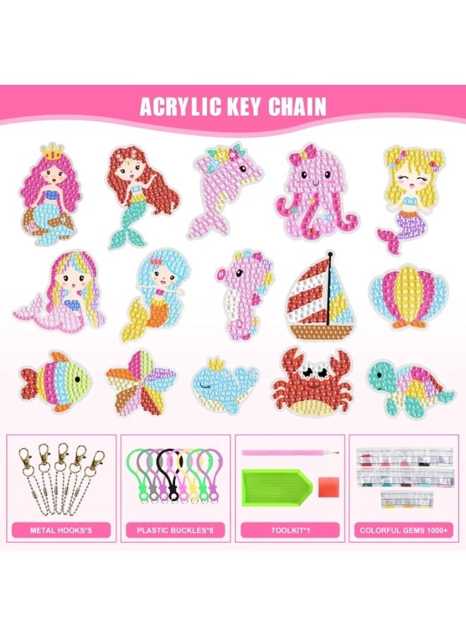 Bukela Diamond Art Painting Keychains, 15pcs 5D Diamond Keychains Kits for Kids Mermaid Diamond Paintin Key Chain for Birthday Decorative Keyring Gem Arts and Crafts for Adults Kids Ages 6 810 12 - Image 2