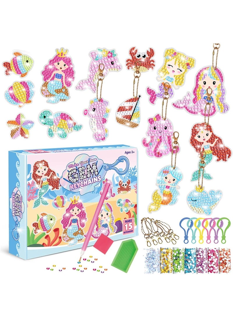 Bukela Diamond Art Painting Keychains, 15pcs 5D Diamond Keychains Kits for Kids Mermaid Diamond Paintin Key Chain for Birthday Decorative Keyring Gem Arts and Crafts for Adults Kids Ages 6 810 12 - Image 1