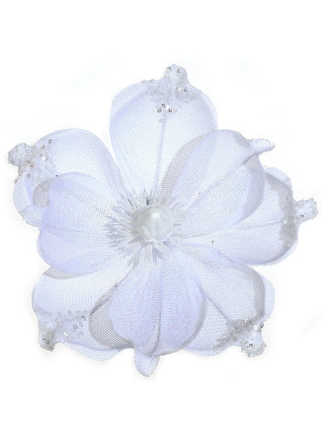 GL-Turelifes 10’’ Large Glitter Christmas Flowers 6 Pcs Artificial Magnolia Flower Ornaments Mesh Fabric Fold Floral For Christmas Tree Decorations Xmas Tree New Year Party Wedding (White)  - Image 1