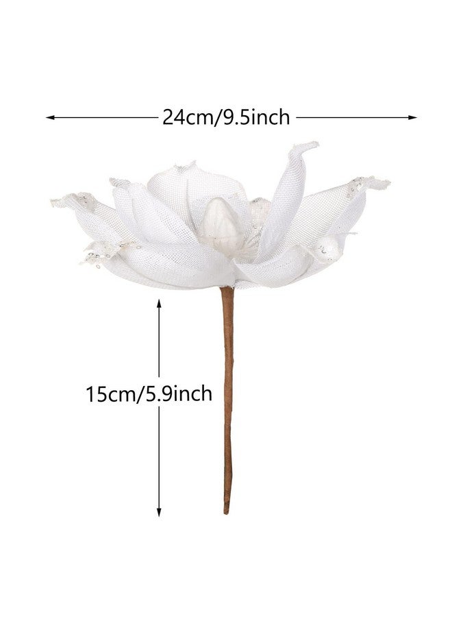GL-Turelifes 10’’ Large Glitter Christmas Flowers 6 Pcs Artificial Magnolia Flower Ornaments Mesh Fabric Fold Floral For Christmas Tree Decorations Xmas Tree New Year Party Wedding (White)  - Image 3
