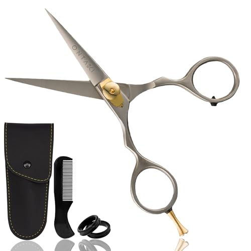 Ontaki Japanese Steel Beard & Hair Shears - Silver, 5.5 in - Precision Sharp Blades for Professional Hair Scissors - Rounded Tips for Mustache Scissors for Men - Finger Rest for Shears for Beard - Image 1
