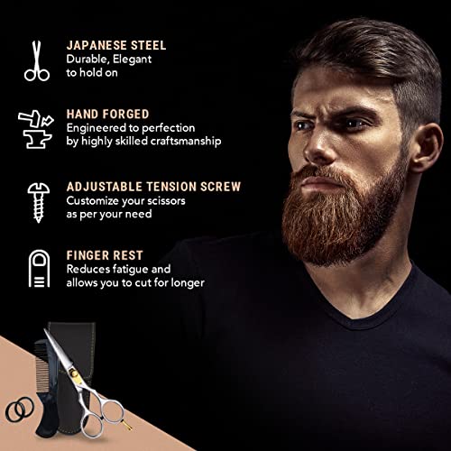 Ontaki Japanese Steel Beard & Hair Shears - Silver, 5.5 in - Precision Sharp Blades for Professional Hair Scissors - Rounded Tips for Mustache Scissors for Men - Finger Rest for Shears for Beard - Image 4