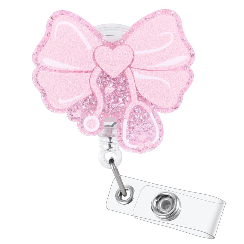 BVIIE Cute Pink Bow Dcotor Nurse Badge Reel | Retractable ID Card Stethoscope Badge Holder | Name Tag Medical Work Badge Clip for RN LPN CNA MA ER ED Night Shift Nurse Nursing Student Doctor Gifts - Image 1