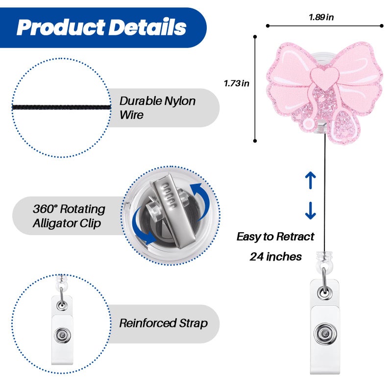 BVIIE Cute Pink Bow Dcotor Nurse Badge Reel | Retractable ID Card Stethoscope Badge Holder | Name Tag Medical Work Badge Clip for RN LPN CNA MA ER ED Night Shift Nurse Nursing Student Doctor Gifts - Image 4