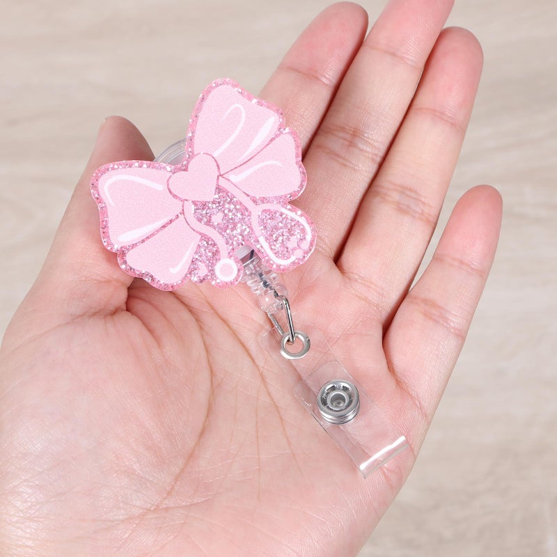 BVIIE Cute Pink Bow Dcotor Nurse Badge Reel | Retractable ID Card Stethoscope Badge Holder | Name Tag Medical Work Badge Clip for RN LPN CNA MA ER ED Night Shift Nurse Nursing Student Doctor Gifts - Image 3