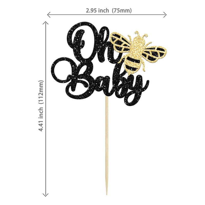 Ephlyn 24Pcs Bee Oh Baby Cupcake Toppers Glitter Oh Babee Cupcake Picks Bumble Bee Theme Baby Shower Kids First Birthday Party Cake Decorations Supplies Black - Image 2