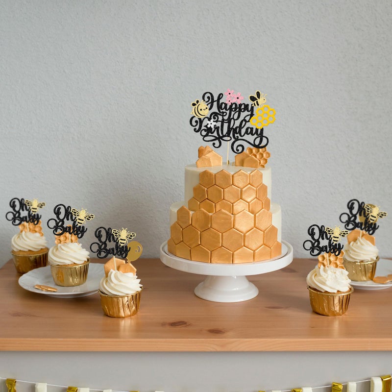 Ephlyn 24Pcs Bee Oh Baby Cupcake Toppers Glitter Oh Babee Cupcake Picks Bumble Bee Theme Baby Shower Kids First Birthday Party Cake Decorations Supplies Black - Image 5