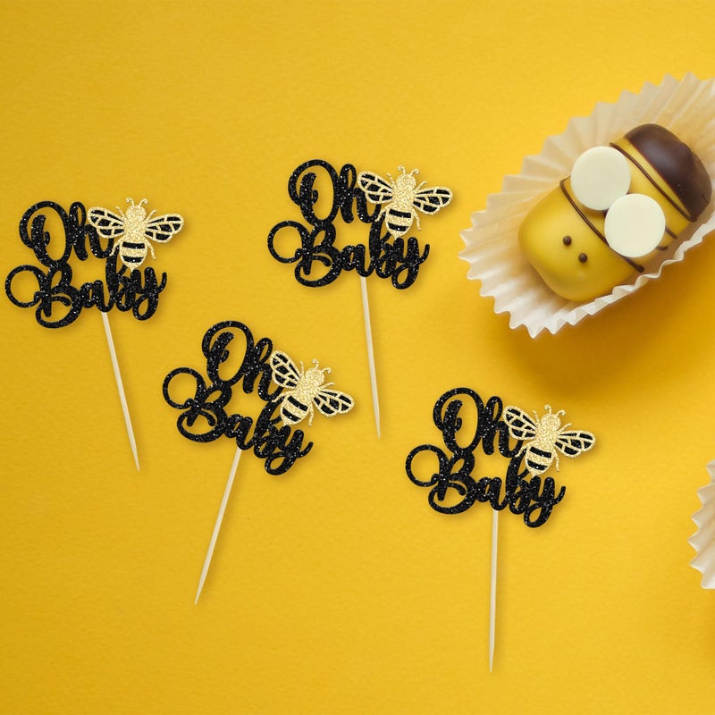 Ephlyn 24Pcs Bee Oh Baby Cupcake Toppers Glitter Oh Babee Cupcake Picks Bumble Bee Theme Baby Shower Kids First Birthday Party Cake Decorations Supplies Black - Image 3