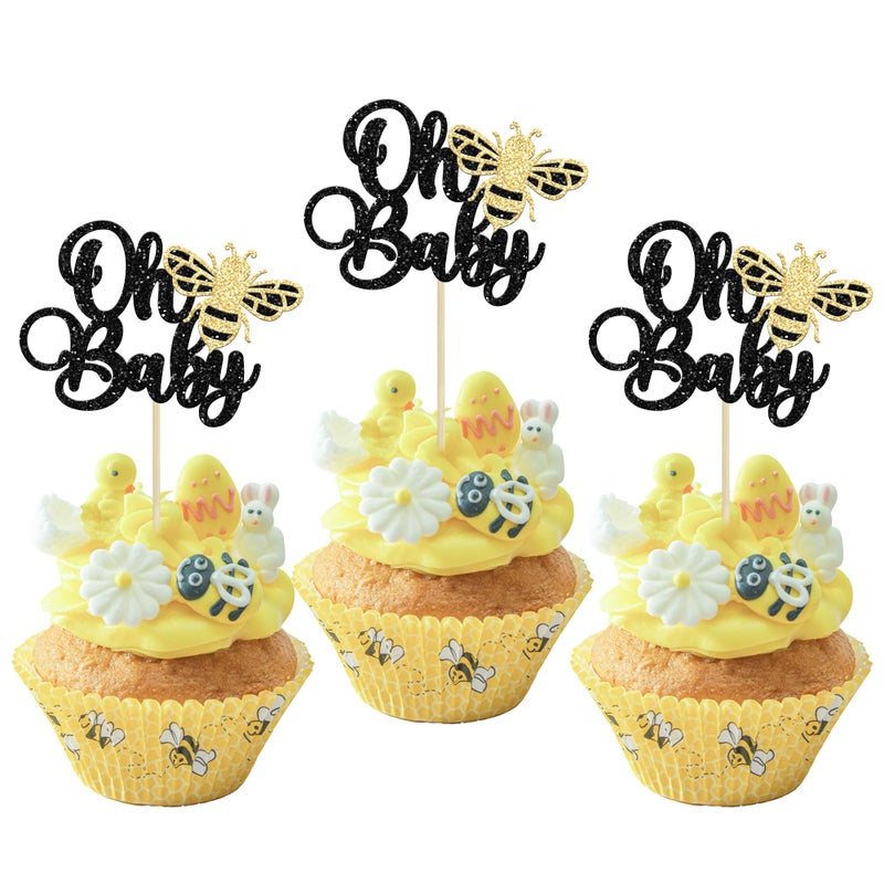 Ephlyn 24Pcs Bee Oh Baby Cupcake Toppers Glitter Oh Babee Cupcake Picks Bumble Bee Theme Baby Shower Kids First Birthday Party Cake Decorations Supplies Black - Image 1