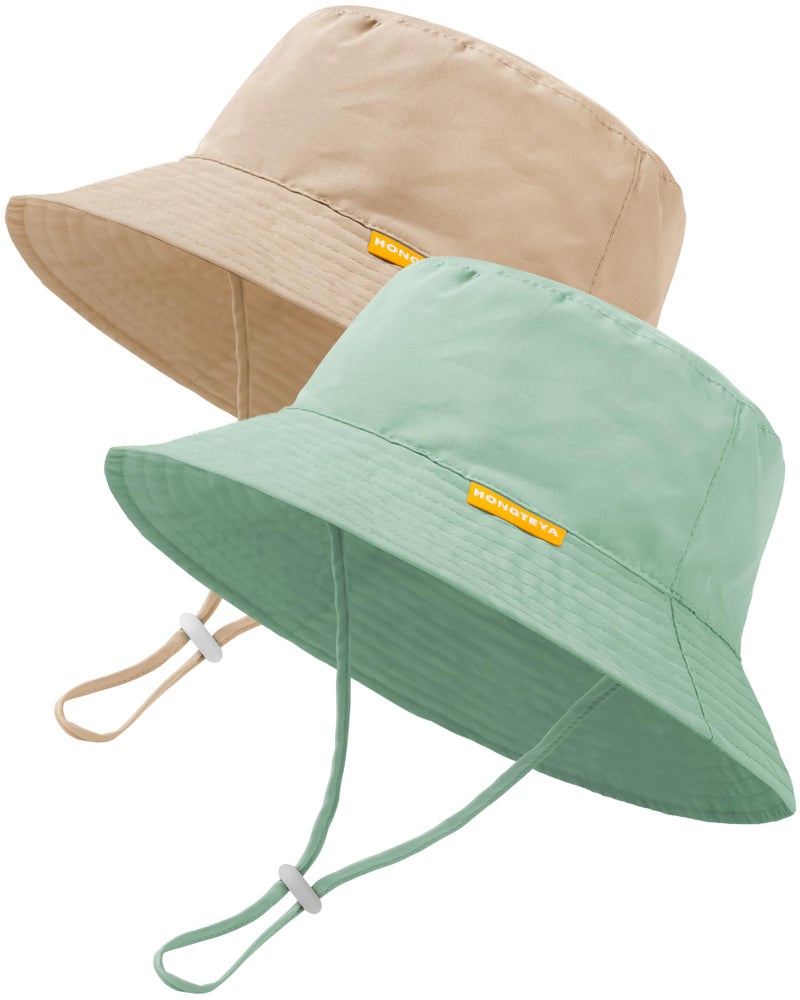 HONGTEYA Baby Sun Hat Kids Summer Sun Protection Toddler Bucket Hat Wide Brim Adjustable Beach Hats for Boys Girls Age 0-6 Years (Beige + Green) - Image 1